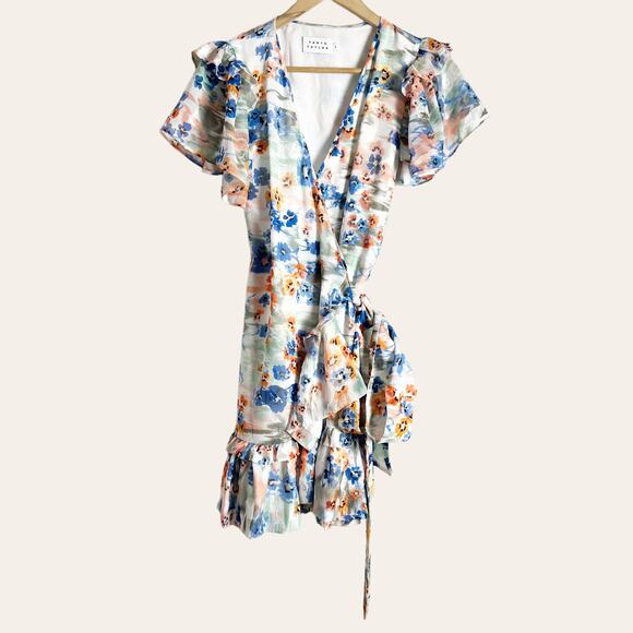 Tanya Taylor Bailey Floral Print Ruffled Wrap Mini Dress Size 2 - Picture 4 of 14